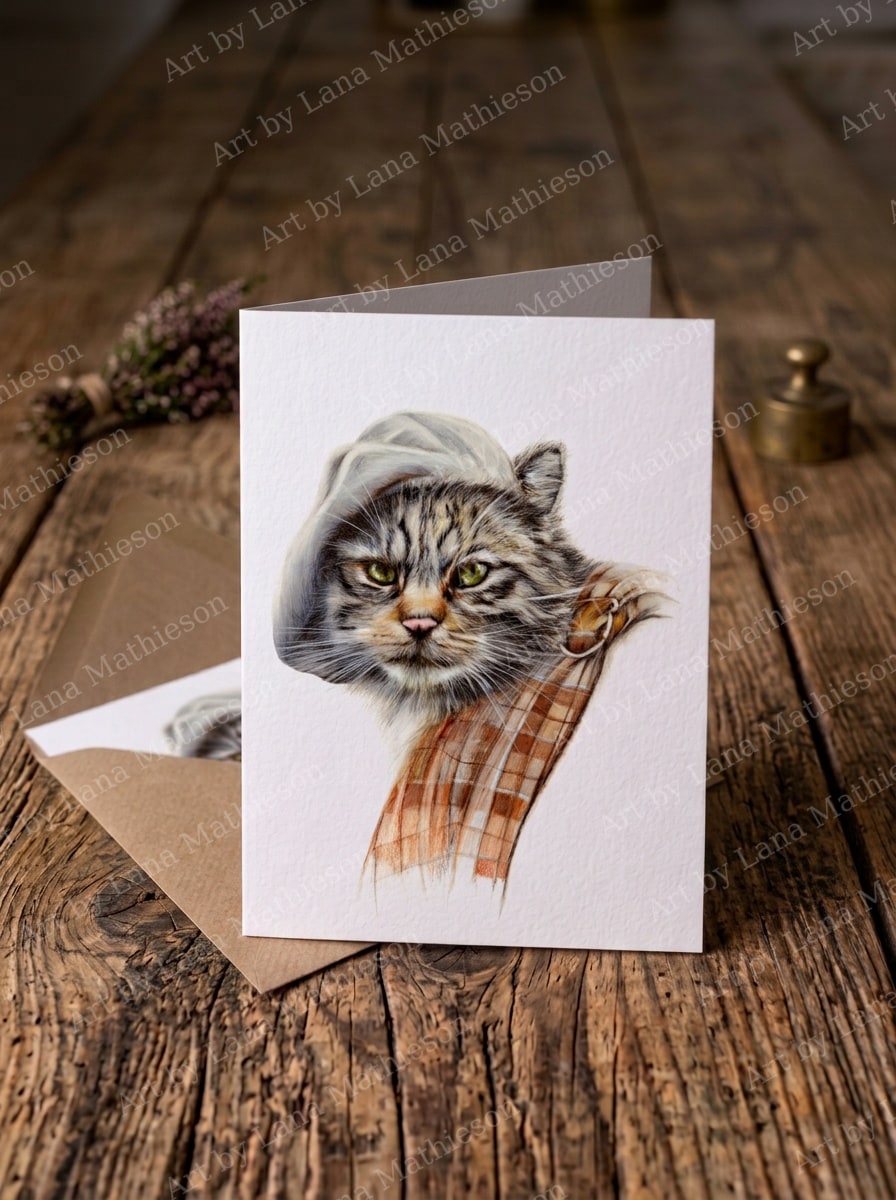 The Wild Outlander Cat design on an A6 greeting card.
