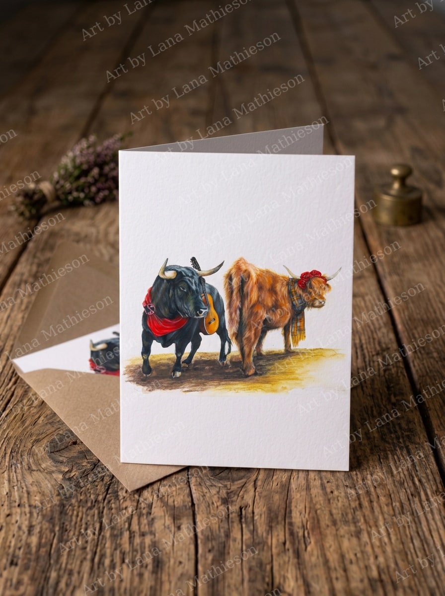When Mallaig Meets Madrid design on an A6 greeting card.