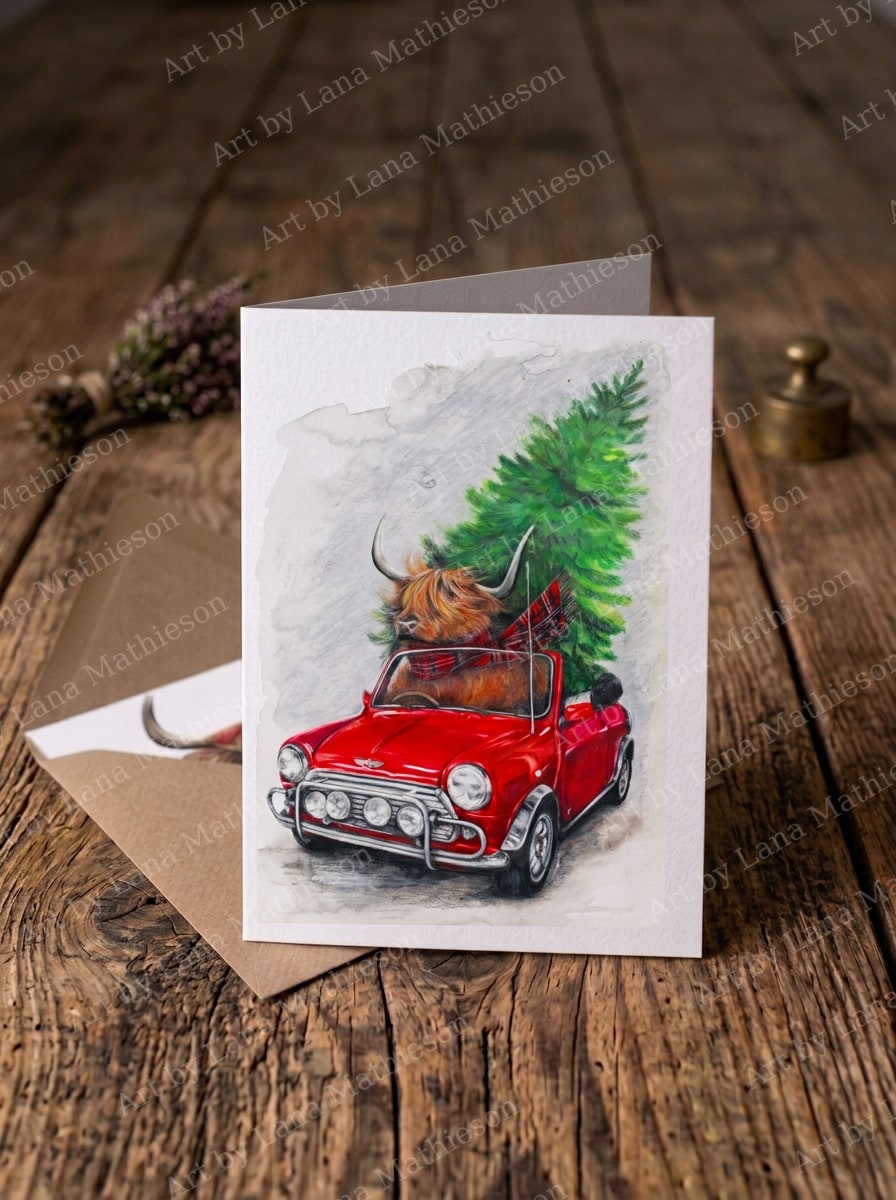 Yuletide Coo Ride design on an A6 greeting card.