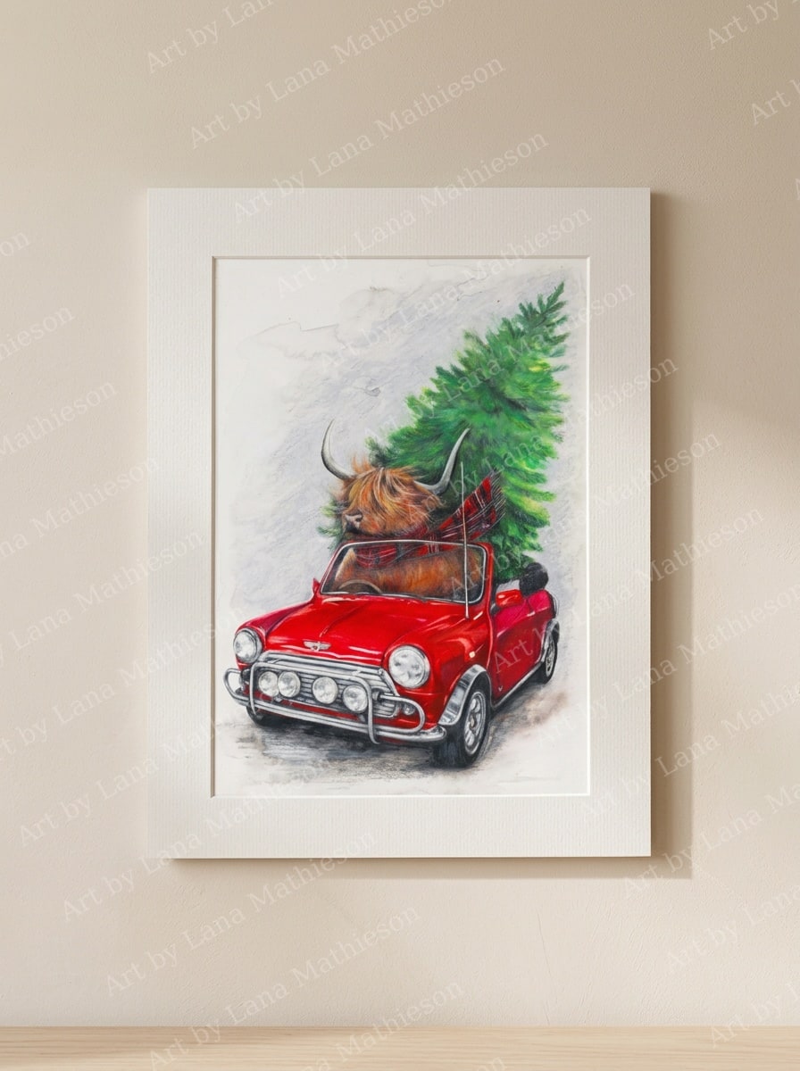Yuletide Coo Ride design on a mounted fine art print.